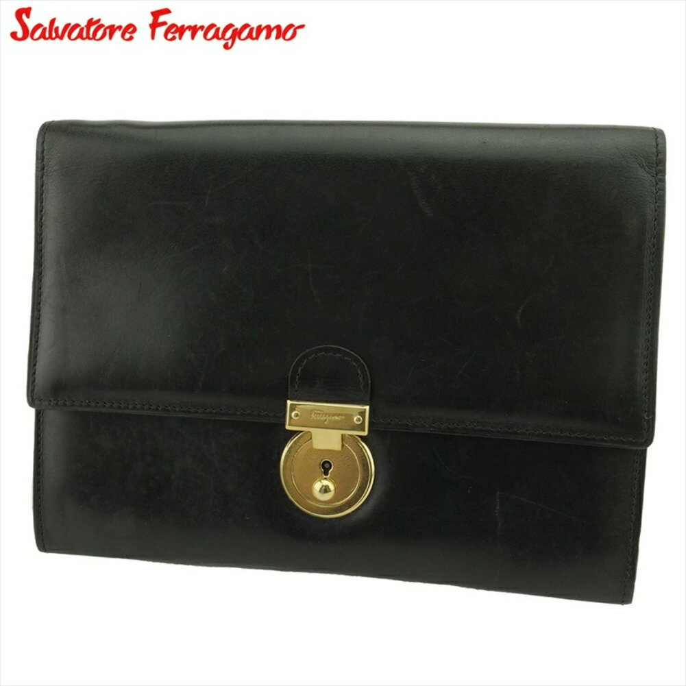【ブラックフライデー21％OFFクーポン】サルヴァトーレフェラガモ Salvatore Ferragamo クラッチバッグ ロゴプレート ブラック ゴールド レディース 中古 ブランド ハイブランド ヴィンテージ