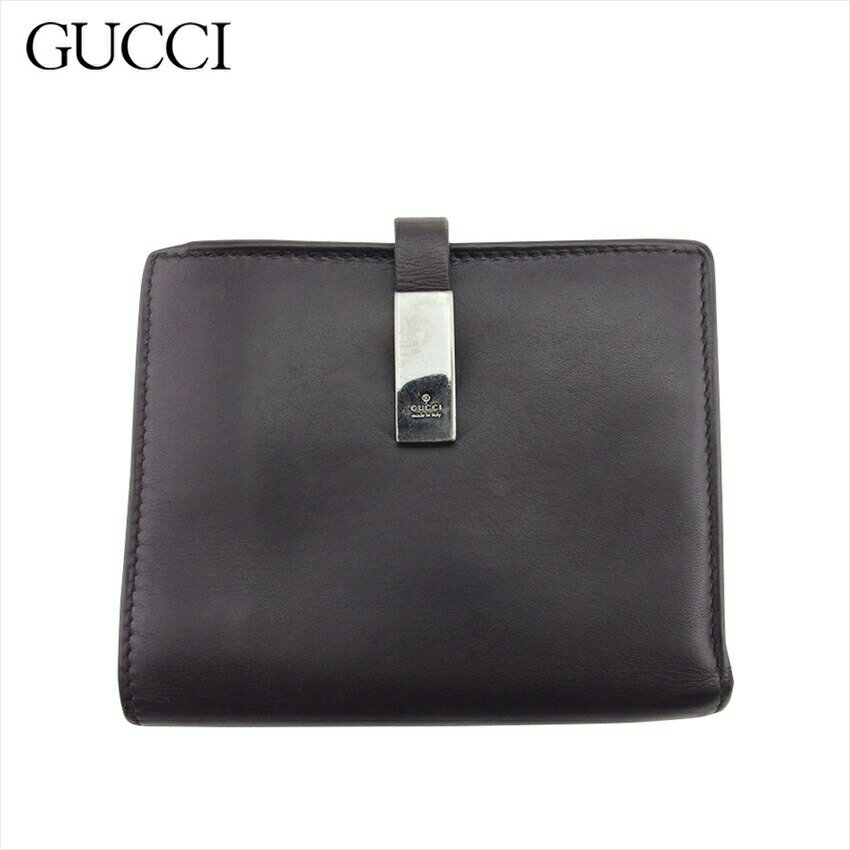 【ブラックフライデー21％OFFクーポン】グッチ GUCCI 二つ折り財布 ロゴプレート ブラウン シルバー メンズ 中古 ブランド ハイブランド ヴィンテージ