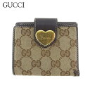 グッチ GUCCI 二つ折り財布 GGキャンバス ラブリーハート ベージュ ブラウン ゴールド レディース 中古