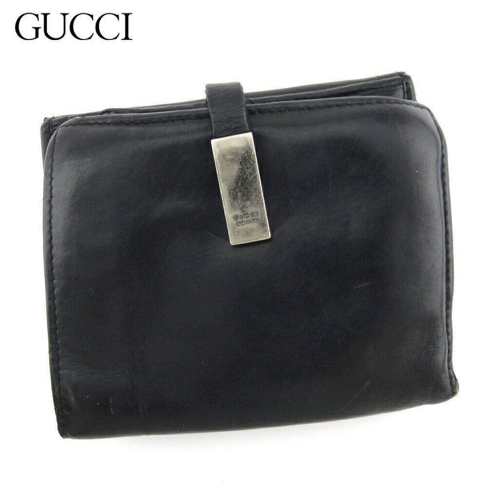 【ブラックフライデー21％OFFクーポン】グッチ GUCCI 二つ折り財布 ロゴプレート ブラック シルバー レディース 中古 ブランド ハイブランド ヴィンテージ