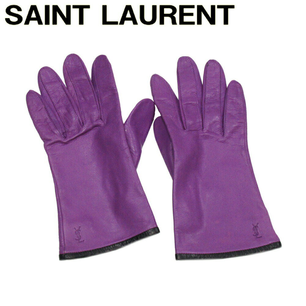 【ブラックフライデー30%OFFクーポン】サンローラン SAINT LAURENT 手袋 YSLロゴ パープル ブラック メンズ 中古 ブランド ハイブランド ...
