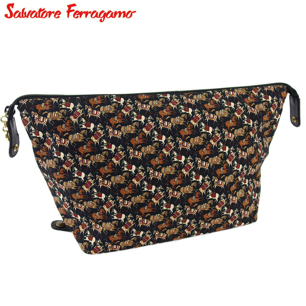【Fashion Special Fair 30％OFFクーポン】サルヴァトーレフェラガモ Salvatore Ferragamo ポーチ ホース柄 ネイビー ブラウン ベージュ系 メンズ 中古 ブランド ハイブランド ヴィンテージ