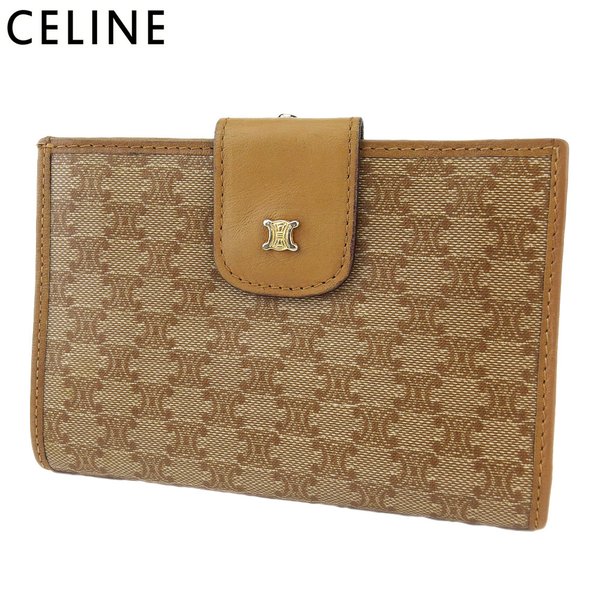 【Fashion Special Fair 30％OFFクーポン】セリーヌ CELINE 二つ折り財布 マカダム ベージュ ブラウン ゴールド レディース 中古 ブランド ハイブランド ヴィンテージ