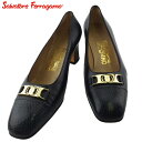 サルヴァトーレフェラガモ Salvatore Ferragamo パンプス ヴァラ ♯5ハーフD スクエアトゥ ネイビー ゴールド メンズ 中古
