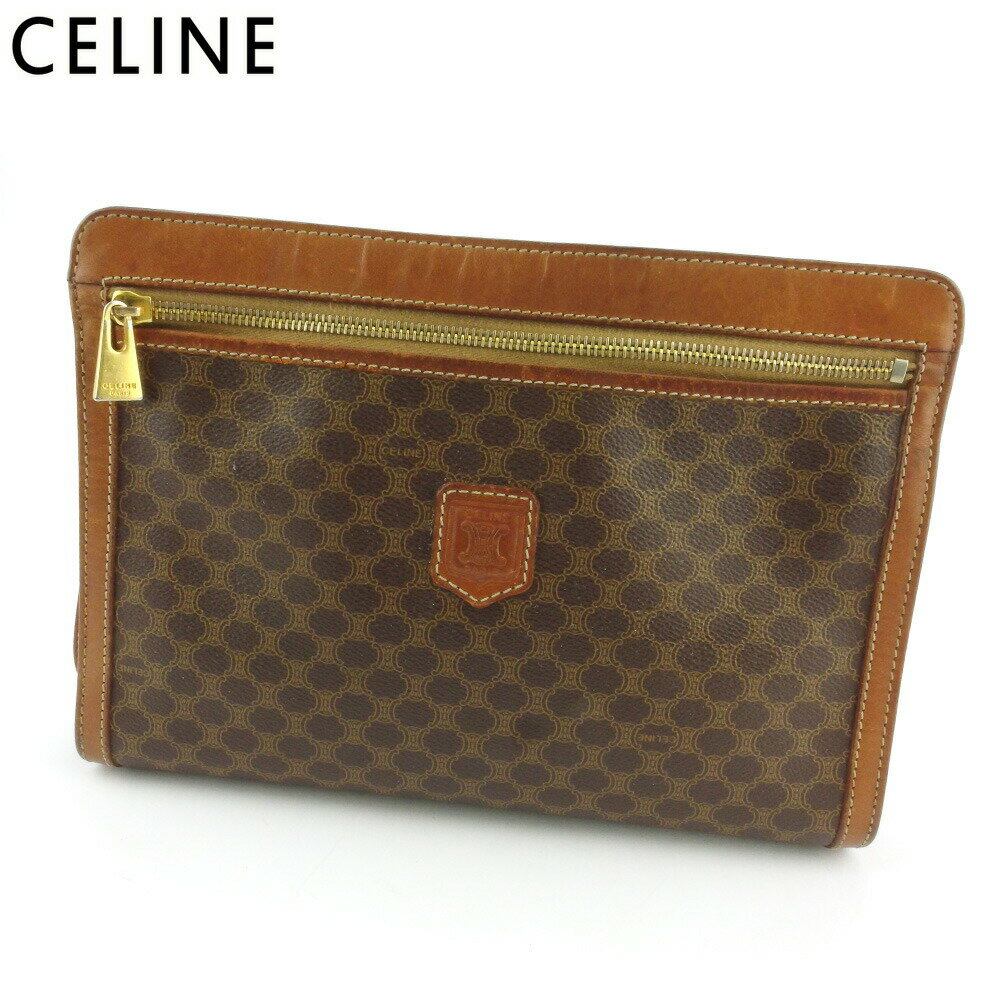 【楽天スーパーSALE★最大50％OFF】セリーヌ CELINE クラッチバッグ マカダム ブラウン ベージュ ゴールド メンズ 中古 ブランド ハイブランド ヴィンテージ