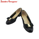 サルヴァトーレフェラガモ Salvatore Ferragamo パンプス ヴァラリボン ♯5ハーフC リザード調 ブラック ゴールド メンズ 中古