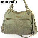 ミュウミュウ MIUMIU ショルダーバッグ ロゴ ギャザー入り グレー 灰色 グリーン ゴールド メンズ 中古