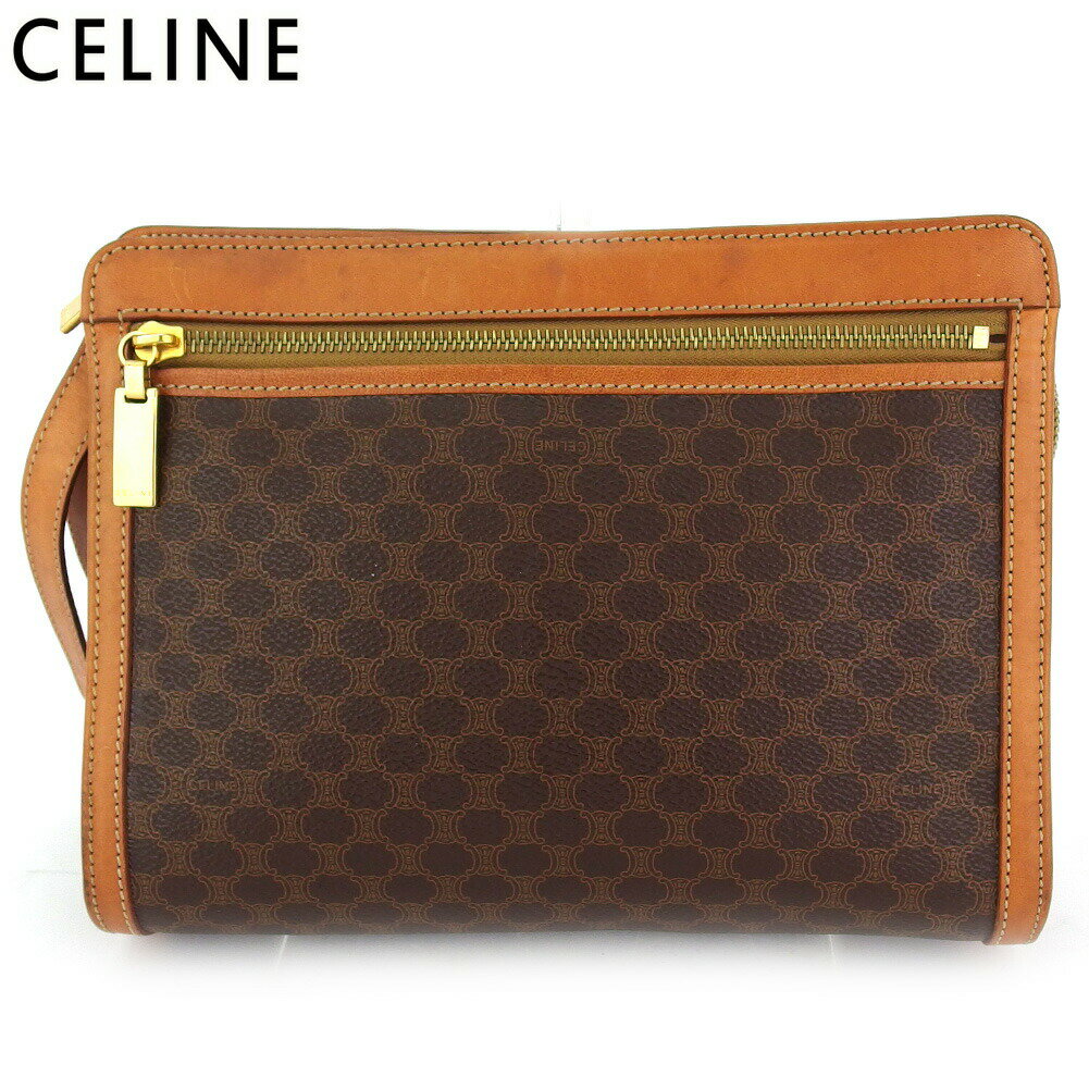 【ブラックフライデー21％OFFクーポン】セリーヌ CELINE クラッチバッグ マカダム ブラウン ベージュ ゴールド メンズ 中古 ブランド ハイブランド ヴィンテージ