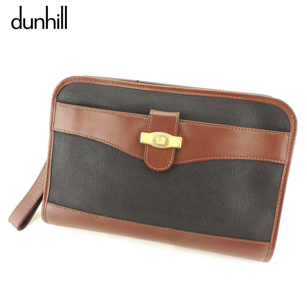 【ブラックフライデー21％OFFクーポン】ダンヒル Dunhill クラッチバッグ ヘリンボーン ブラック ブラウン ゴールド レディース 中古 ブランド ハイブランド ヴィンテージ