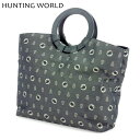 ハンティングワールド HUNTING WORLD ハンドバッグ ロゴモチーフ柄 サークルハンドル ネイビー グレー 灰色 メンズ 中古