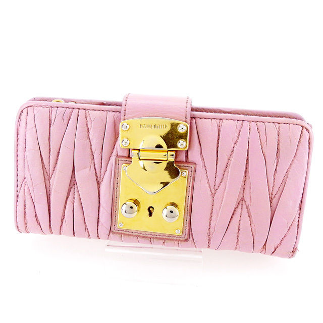 ミュウミュウ MIUMIU 長財布 マテラッセ ピンク×ゴールド レディース 中古