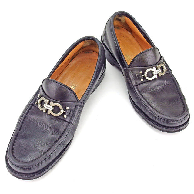 【ブラックフライデー30%OFFクーポン】サルヴァトーレフェラガモ Salvatore Ferragamo ローファー ガンチーニ金具 ♯6EE ブラック×シル...