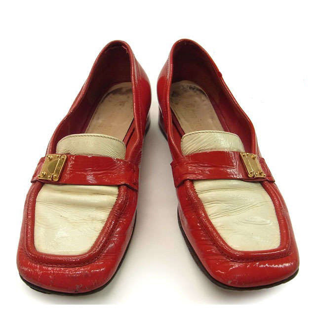 【ブラックフライデー30%OFFクーポン】ルイ・ヴィトン LOUIS VUITTON ローファー ロゴ /♯35・1/2セリュー錠金具付き レッド×アイボリー ...