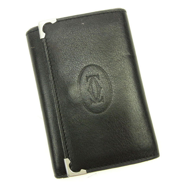 【ブラックフライデー21％OFFクーポン】カルティエ CARTIER キーケース カボション 角プレート付き ブラック×シルバー レディース 中古 ブランド ハイブランド ヴィンテージ