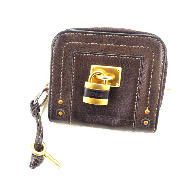 クロエ Chloe 二つ折り財布 バティントン カデナ&キー付き ブラウン×ゴールド×シルバー レディース 中古
