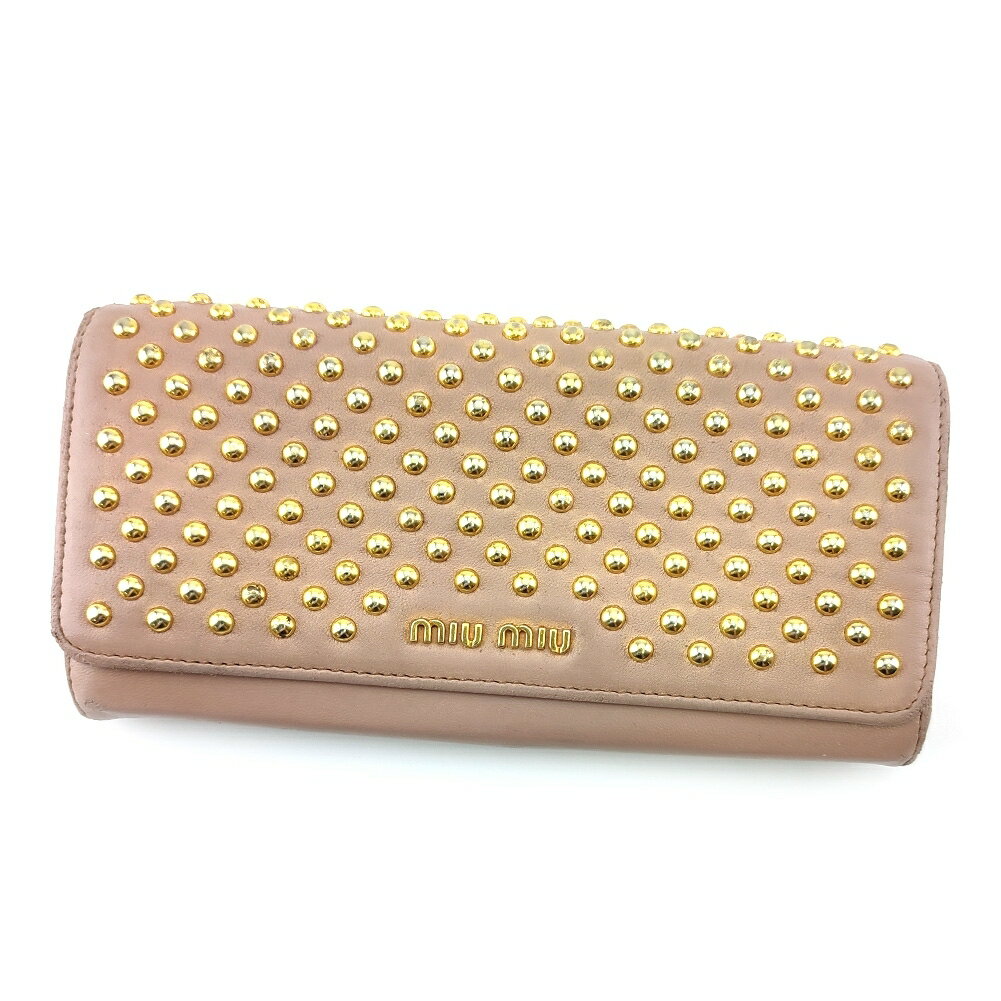 【ブラックフライデー21％OFFクーポン】ミュウミュウ 長財布 スタッズ ピンク ベージュ ゴールド レザー レディース 中古 MIUMIU(4)