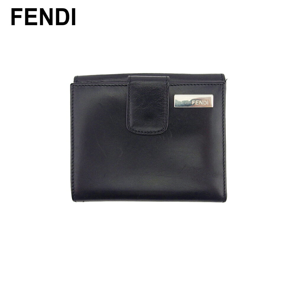 【中古】 フェンディ Wホック 財布 二つ折り 財布 ブラック　シルバー レザー×シルバー素材 FENDI T22575