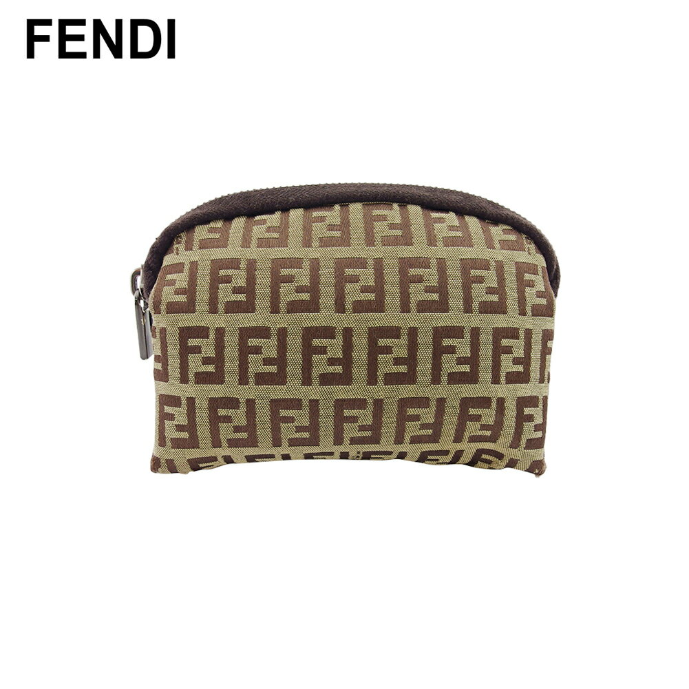 【中古】 フェンディ 化粧ポーチ ポーチ ズッカ ブラウン　ベージュ キャンバス×レザー FENDI T22582