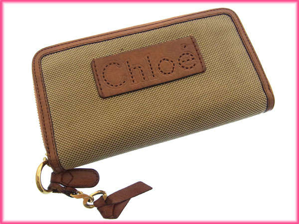 【中古】 【送料無料】 (良品・即納) クロエ Chloe 長財布 ラウンドファスナー メンズ可 ロゴ ベージュ系×ブラウン キャンバス×レザー E428s