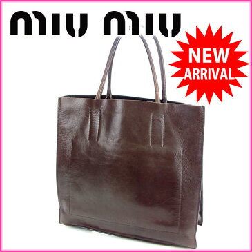 【中古】 【送料無料】 ミュウミュウ miumiu トートバッグ /ハンドバッグ /メンズ可 ブラウン レザー (あす楽対応)（良品） Y379