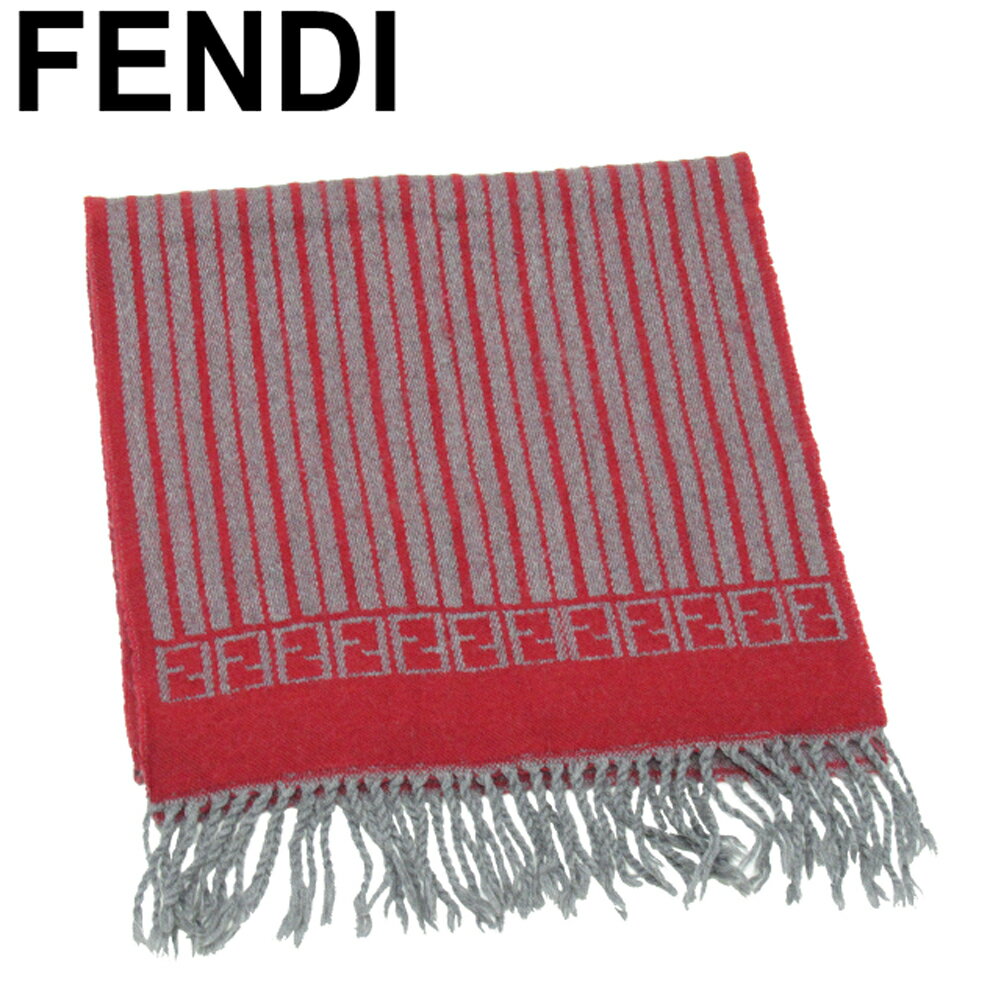 【スプリングセール】 【中古】 フェンディ マフラー フリンジ付き レディース メンズ FF柄入り ストライプ グレー 灰色 レッド FENDI T20432