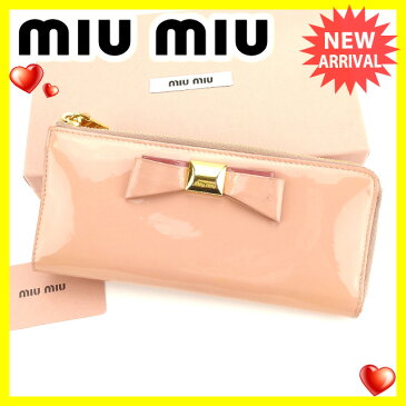 【中古】 【送料無料】 ミュウミュウ miumiu 長財布 L字ファスナー レディース リボンモチーフ 5M1183 ピンク×ゴールド エナメルレザー (あす楽対応)良品 Y3456