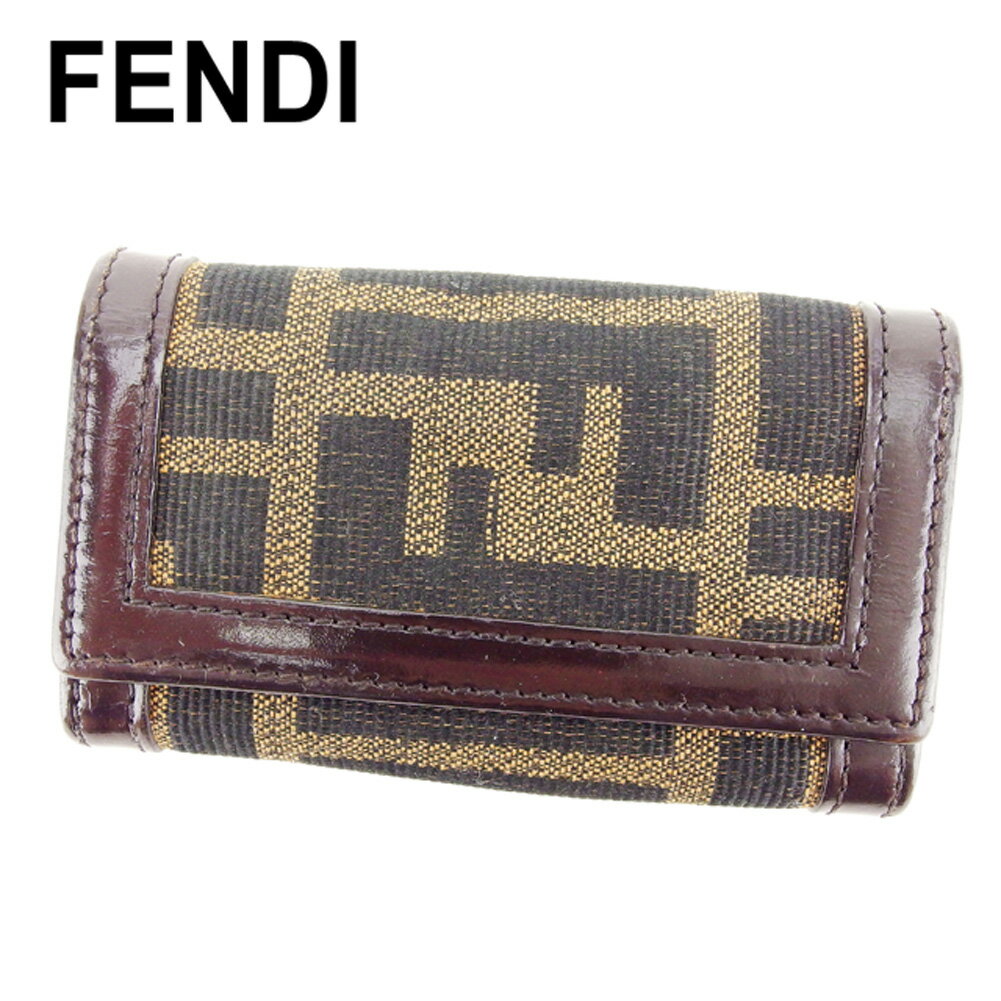 【スプリングセール30％OFF】フェンディ キーケース 6連キーケース ズッカ ベージュ ブラウン ブラック レザー FENDI 【フェンディ】 E1239S 【中古】