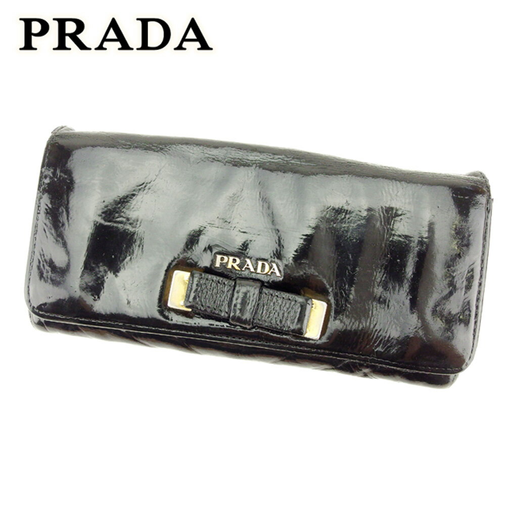 【スプリングセール30％OFF】プラダ 長財布 ファスナー付き 財布 リボンモチーフ ブラック ゴールド レザー PRADA 【プラダ】 F1332S 【中古】