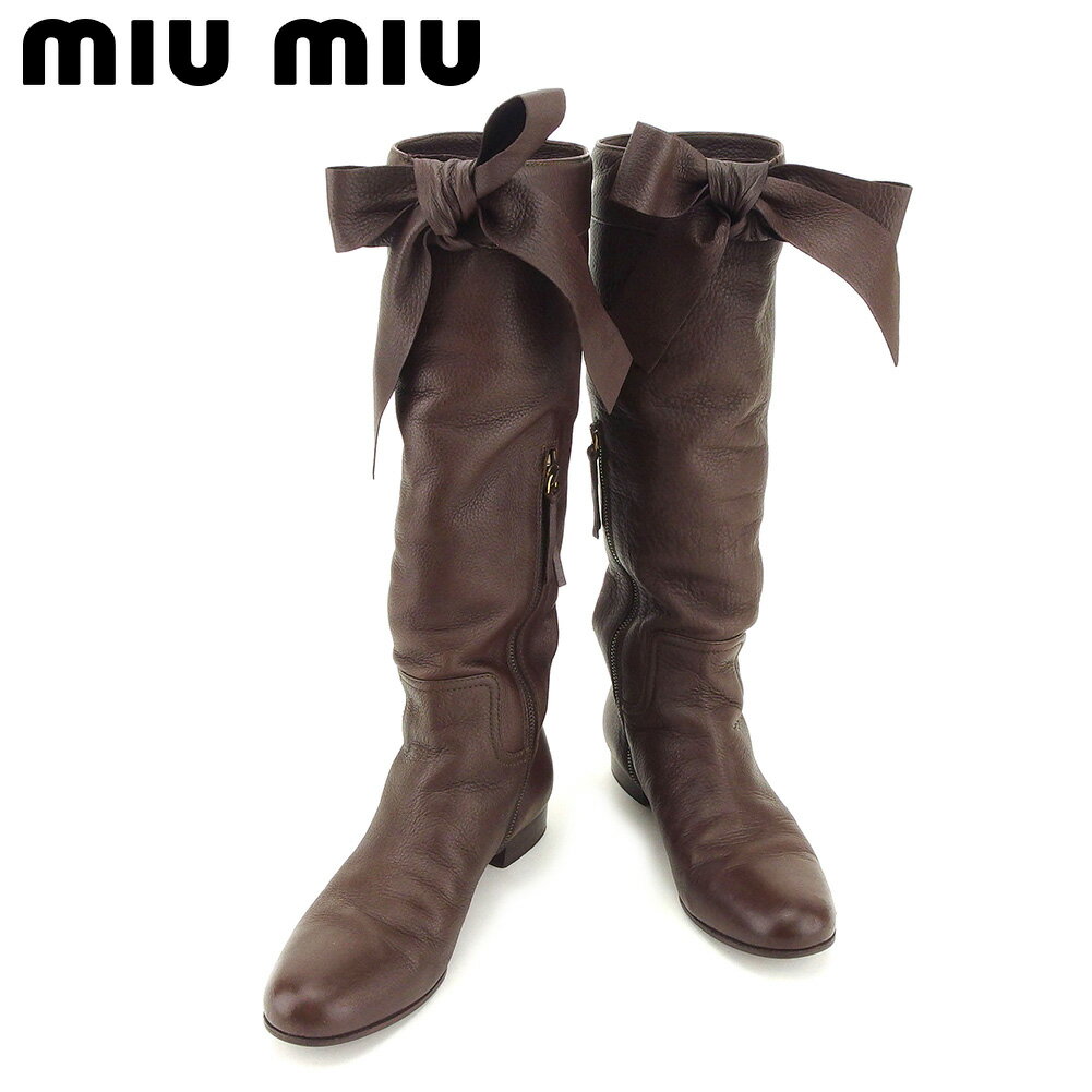 【スプリングセール30％OFF】ミュウミュウ ブーツ シューズ 靴 #38 リボンモチーフ ブラウン レザーmiu miu レディース プレゼント 贈り物 オシャレ 大人 ファッション 【ミュウミュウ】 P725 【中古】