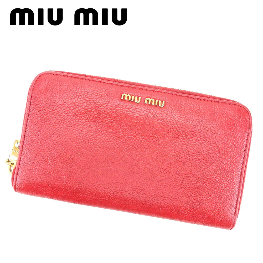 【スプリングセール30％OFF】ミュウミュウ 長財布 ラウンドファスナー ロゴ レッド レザー miu miu 長サイフ サイフ 収納 財布 ユニセックス 小物 【ミュウミュウ】 T4418 【中古】