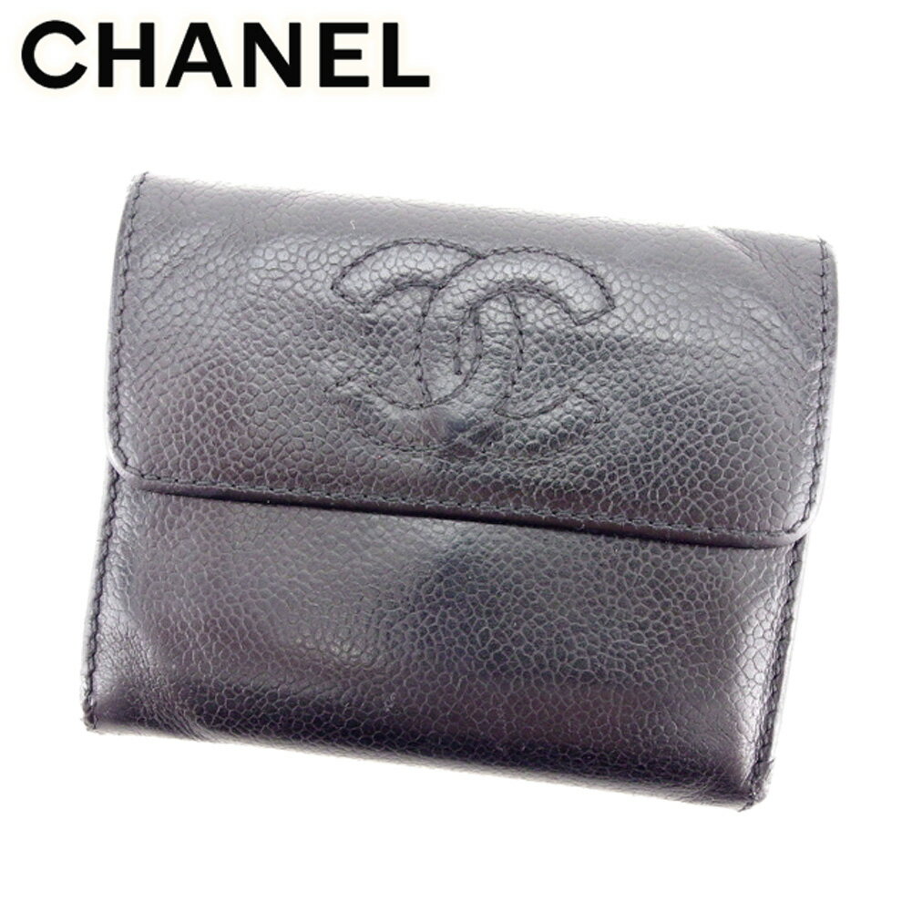 【スプリングセール30％OFF】シャネル 三つ折り 財布 キャビアスキン×ココマーク ブラック レザー CHANEL 三つ折りサイフ サイフ 財布 折りタタミ 三つ折り財布 財布 ユニセックス 小物 【シャネル】 T7509 【中古】