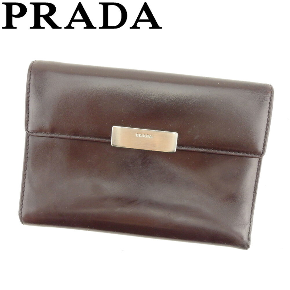 【スプリングセール30％OFF】プラダ 三つ折り 財布 ロゴプレート ブラウン シルバー レザー PRADA 三つ折りサイフ サイフ 財布 折りタタミ 三つ折り財布 財布 ユニセックス 小物 【プラダ】 C3279 【中古】