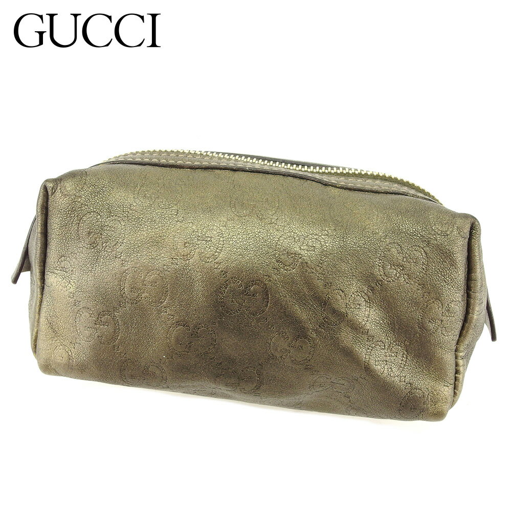 【スプリングセール30％OFF】グッチ ポーチ 化粧ポーチ グッチシマ ブラウン ゴールド レザー GUCCI 【グッチ】 T14504S 【中古】