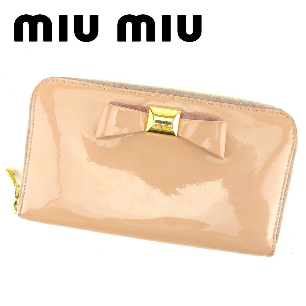 【スプリングセール30％OFF】ミュウミュウ 長財布 ラウンドファスナー リボンモチーフ ピンク エナメルレザー miu miu 【ミュウミュウ】 T6488S 【中古】