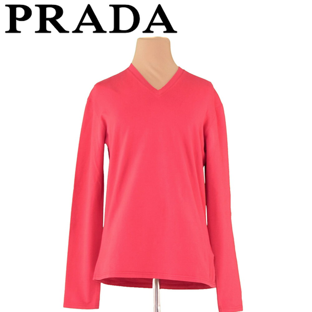 【スプリングセール30％OFF】プラダ ロンT 長袖 カットソー ♯Mサイズ Vネック レッド コットンCO88%エラスタンEA12% PRADA 【プラダ】 H794 【中古】