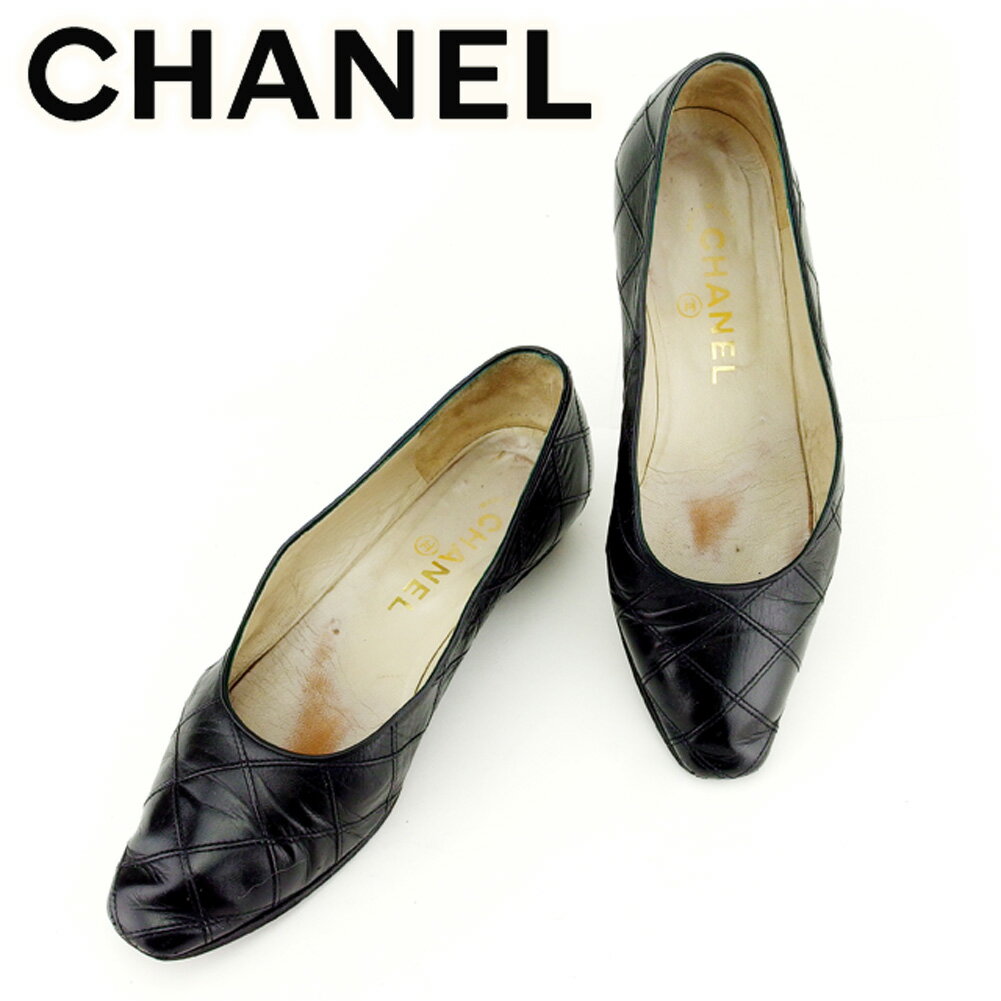 【スプリングセール30％OFF】シャネル パンプス シューズ 靴 ♯36 マトラッセ ダブルステッチ ブラック レザーCHANEL レディース プレゼント 贈り物 オシャレ 大人 ファッション T7010 【中古】