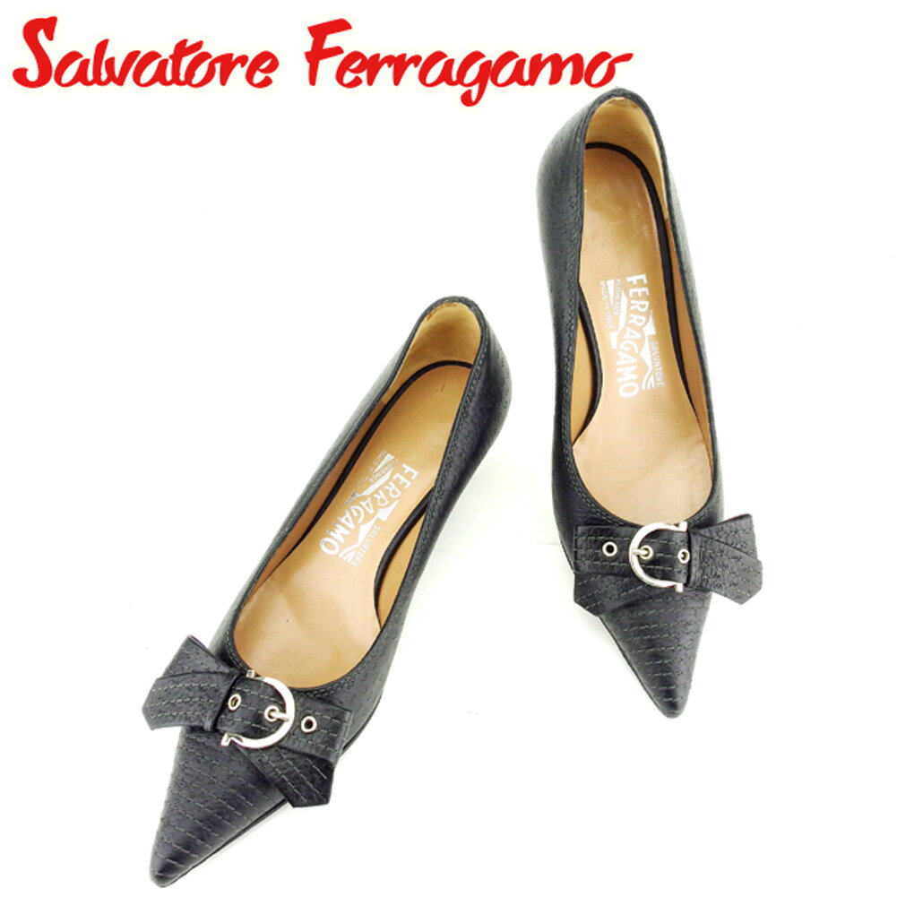 【スプリングセール30％OFF】サルヴァトーレ フェラガモ パンプス シューズ 靴 #5 リボンモチーフ ブラック レザー Salvatore Ferragamo 【フェラガモ】 C3195S 【中古】