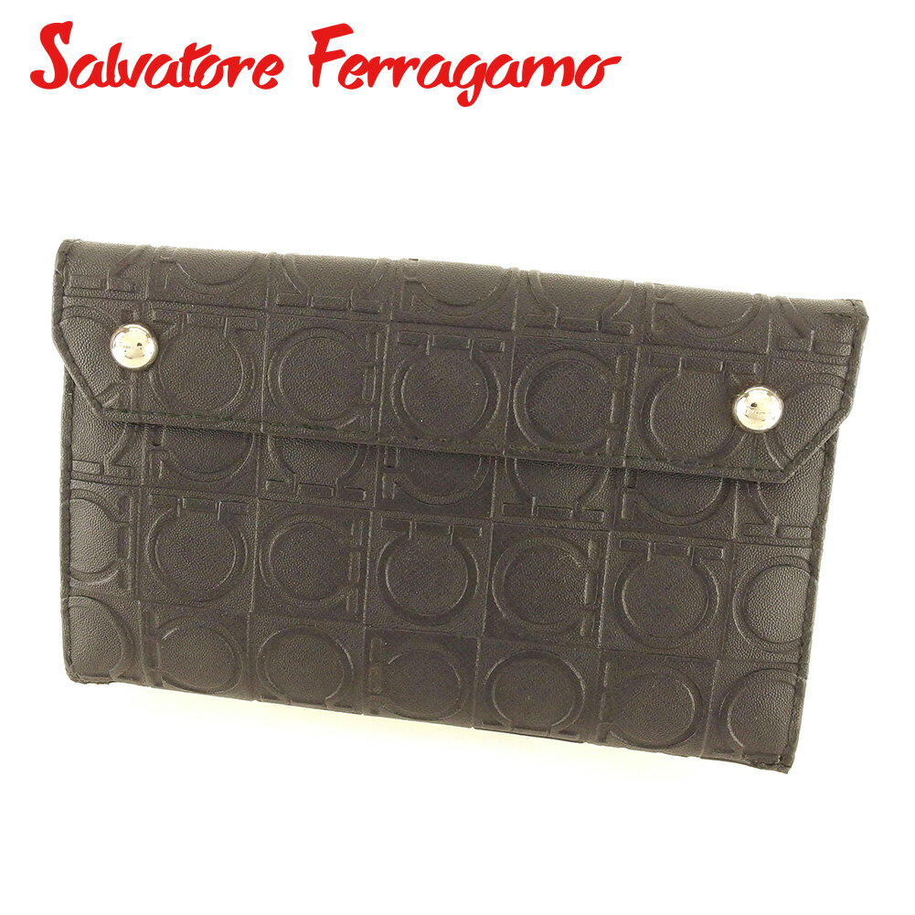 【スプリングセール30％OFF】サルヴァトーレ フェラガモ 長財布 Wホック ガンチーニ ブラック レザー Salvatore Ferragamo 長サイフ サイフ 収納 財布 ユニセックス 小物 【フェラガモ】 T7369 【中古】