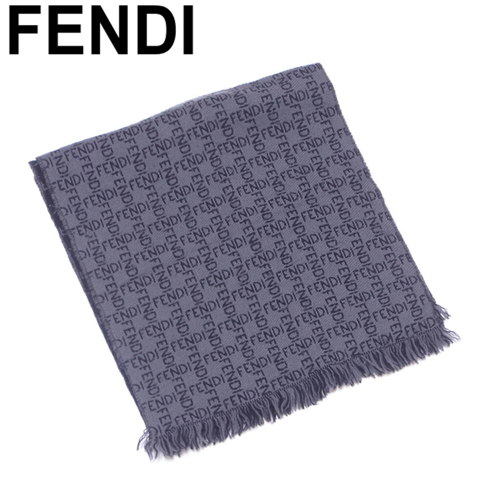 【スプリングセール30％OFF】フェンディ マフラー フリンジ付き ロゴ柄 グレー 灰色 ブラック FENDI 【フェンディ】 T7074S 【中古】