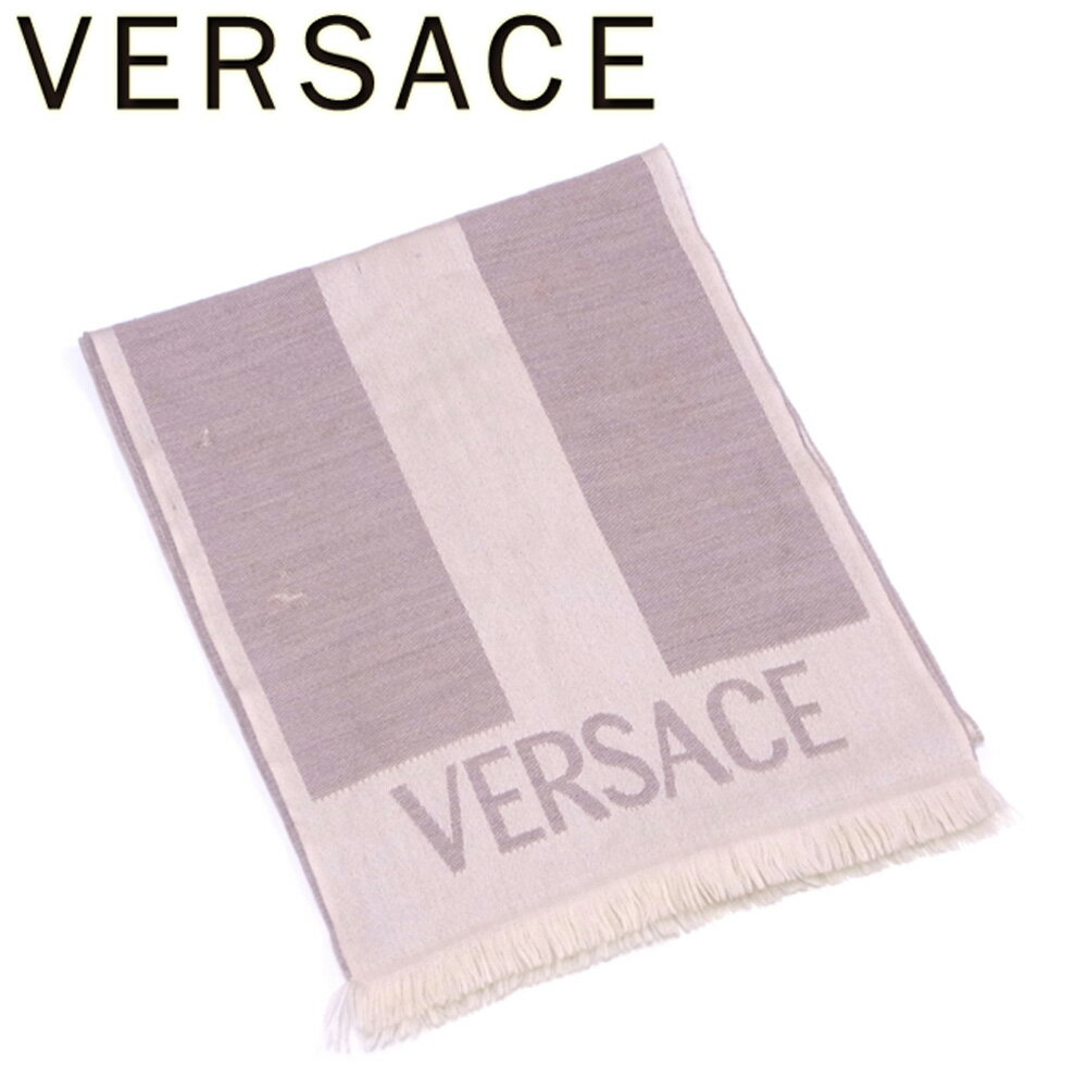 【スプリングセール30％OFF】ヴェルサーチ マフラー フリンジ付き メドゥーサ ロゴ ベージュ ブラウン VERSACE レディース プレゼント 贈り物 オシャレ 大人 ファッション 【ヴェルサーチ】 T7075 【中古】