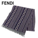 【ウィンターSALE 30%OFF】フェンディ マフラー フリンジ付き ストライプ チェック FF柄 ネイビー グレー 灰色 ウール100％ FENDI 【フェンディ】 T8009S 【中古】