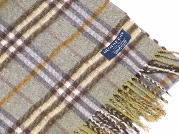 【中古】 バーバリー マフラー フリンジ付き カシミア チェック カーキ系 CASHMERE 100%BURBERRY レディース プレゼント 贈り物 オシャレ 大人 ファッション 【バーバリー】 T995 ★