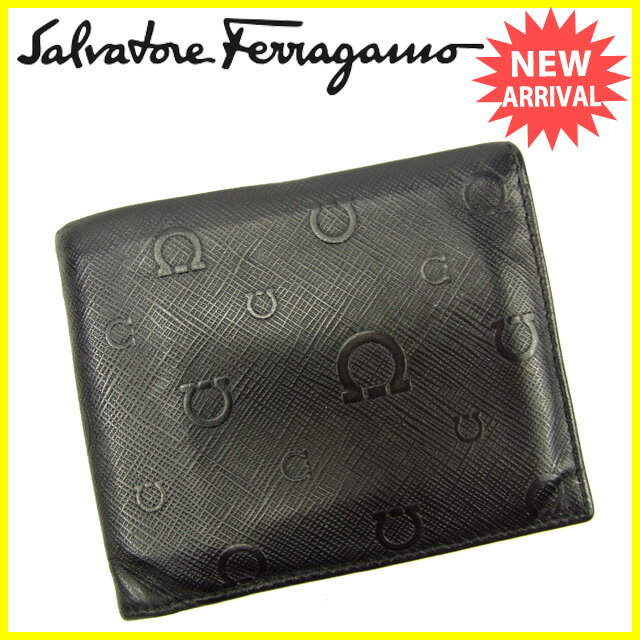 【中古】 【送料無料】 フェラガモ Ferragamo 二つ折り財布 メンズ可 ガンチーニ ブラック レザー 人気 Y5654 .