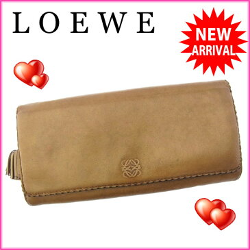 【中古】 【送料無料】 ロエベ LOEWE 長財布 ファスナー 二つ折り メンズ可 ミニタッセル付き アナグラム ゴールドベージュ レザー (あす楽対応) I222