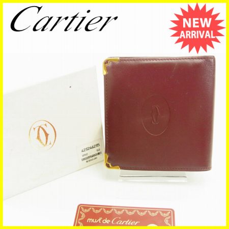 【中古】 【送料無料】 カルティエ Cartier 二つ折り財布 レディース マストライン ボルドー×ゴールド レザー 人気 Y5089