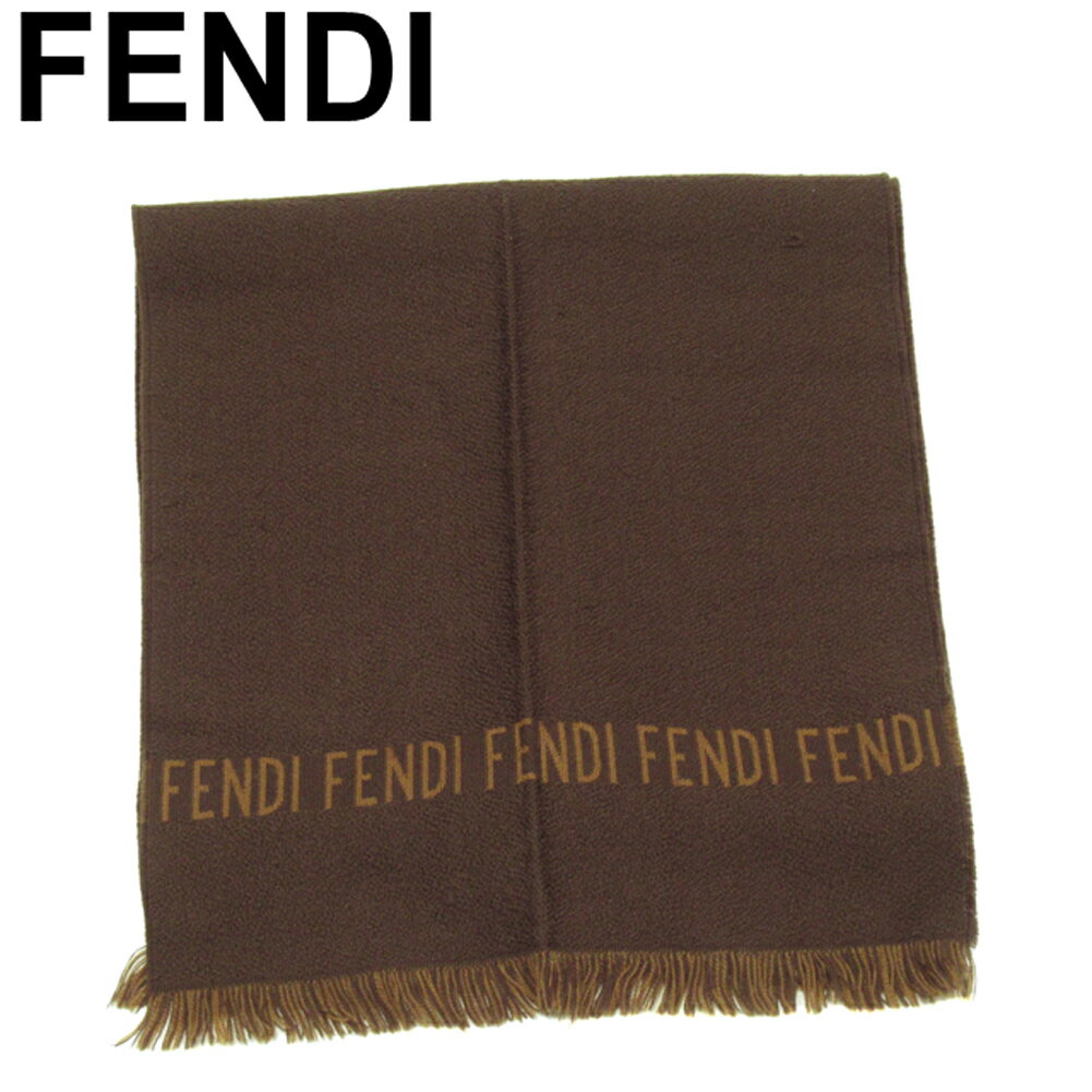 【スプリングセール30％OFF】 【中古】 フェンディ マフラー フリンジ付き レディース メンズ ロゴ ブラウン ベージュ ウール 毛 FENDI T21113