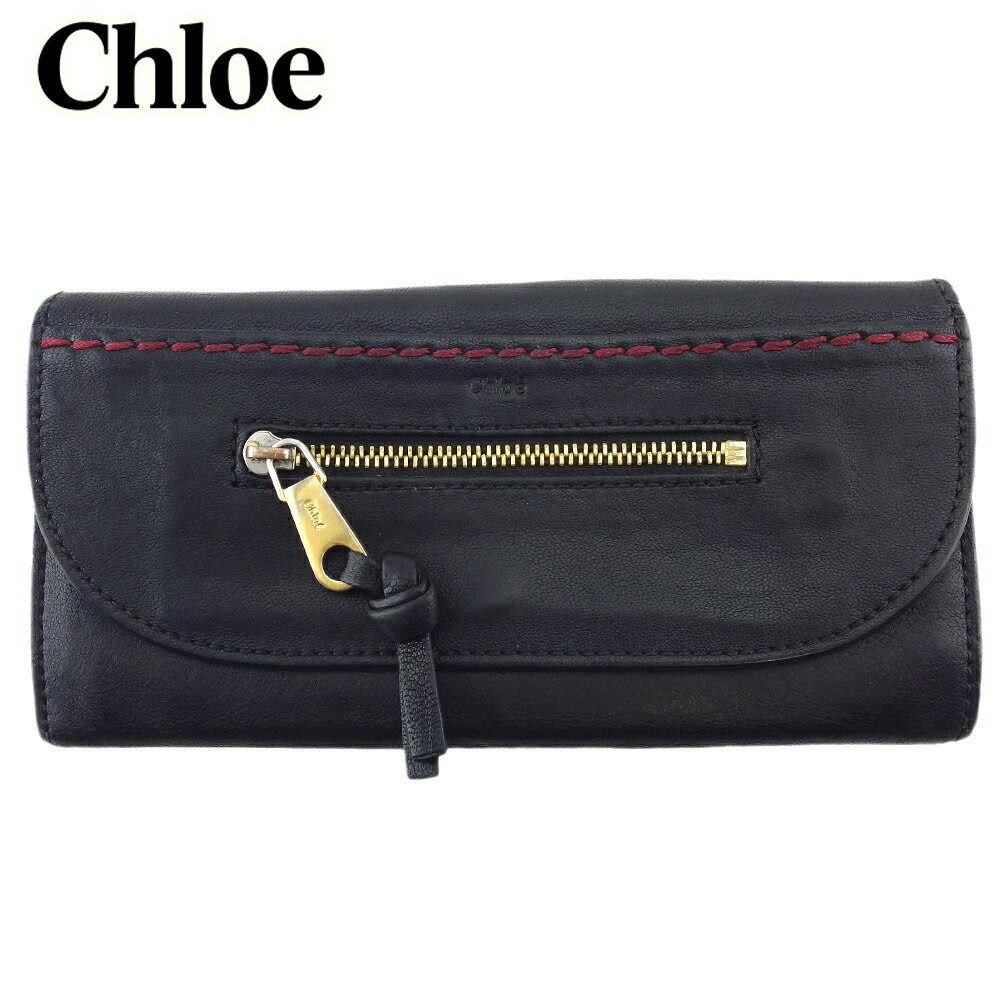 【スプリングセール】 【中古】 クロエ 長財布 ファスナー付き 財布 レディース アンジー ブラック レッド ゴールド レザー Chloe C4128