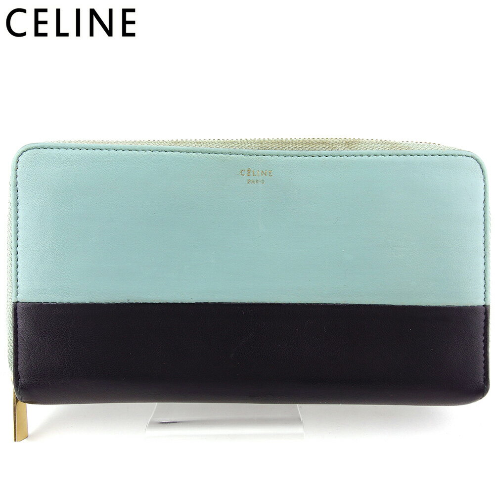 【スプリングセール30％OFF】セリーヌ 長財布 ラウンドファスナー レディース メンズ バイカラー ブルー ブラック レザー Celine 【セリーヌ】 T18392S 【中古】