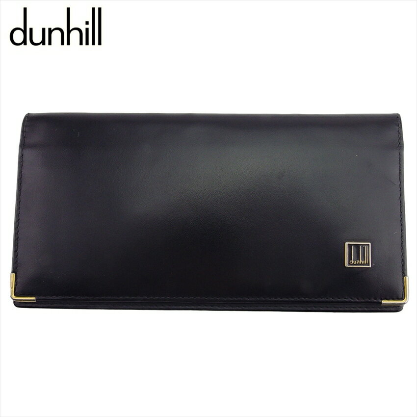 【スプリングセール30％OFF】 【中古】 ダンヒル 長札入れ 札入れ メンズ ロゴプレート ブラック ゴールド レザー dunhill E17021