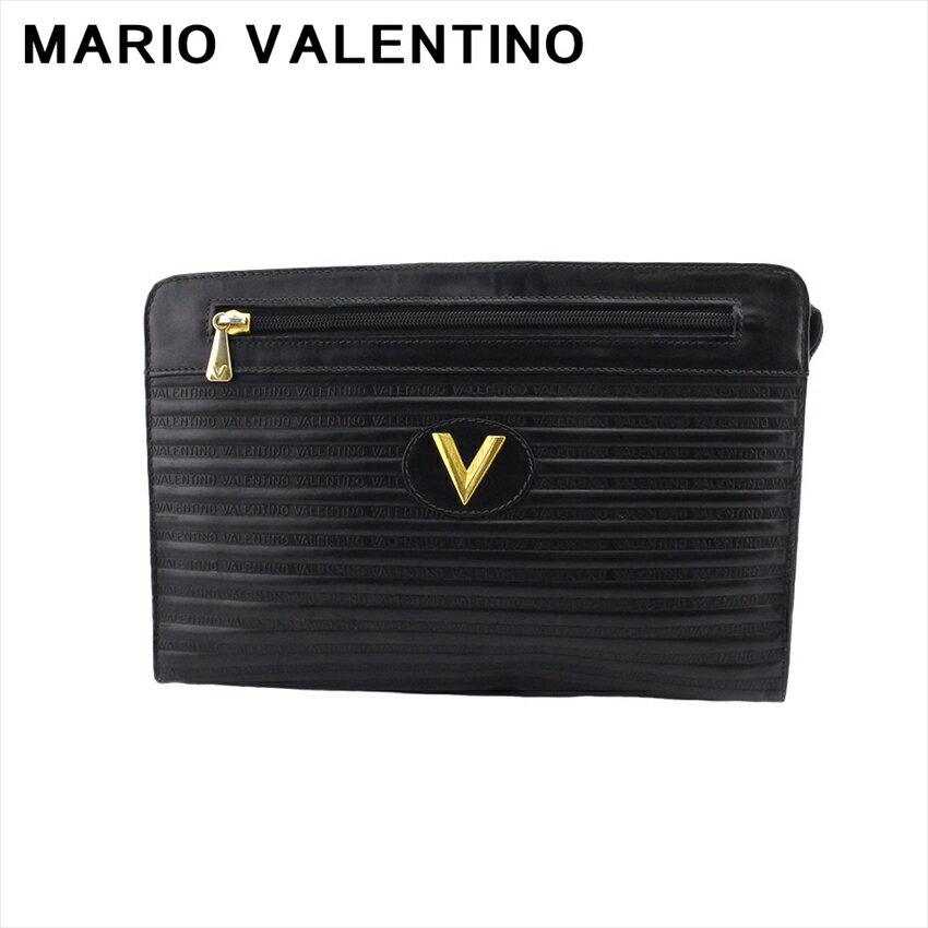 【スプリングセール30％OFF】 【中古】 マリオ ヴァレンティノ クラッチバッグ セカンドバッグ レディース メンズ Vマーク ブラック ゴールド レザー MARIO VALENTINO T21678